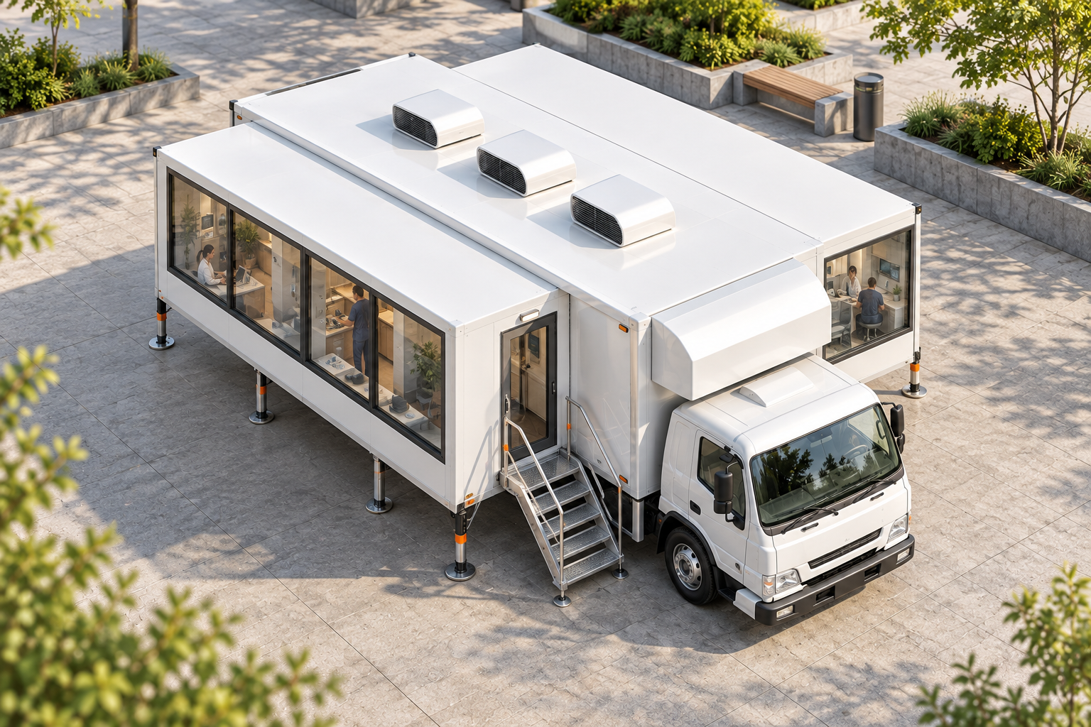 Furgón expandible fotorrealista con ventanas, escalera y áreas de atención interiores