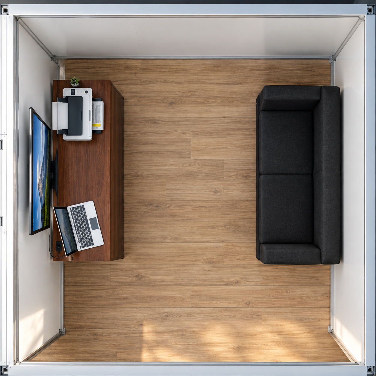 Render fotorrealista cenital de un módulo individual de atención virtual