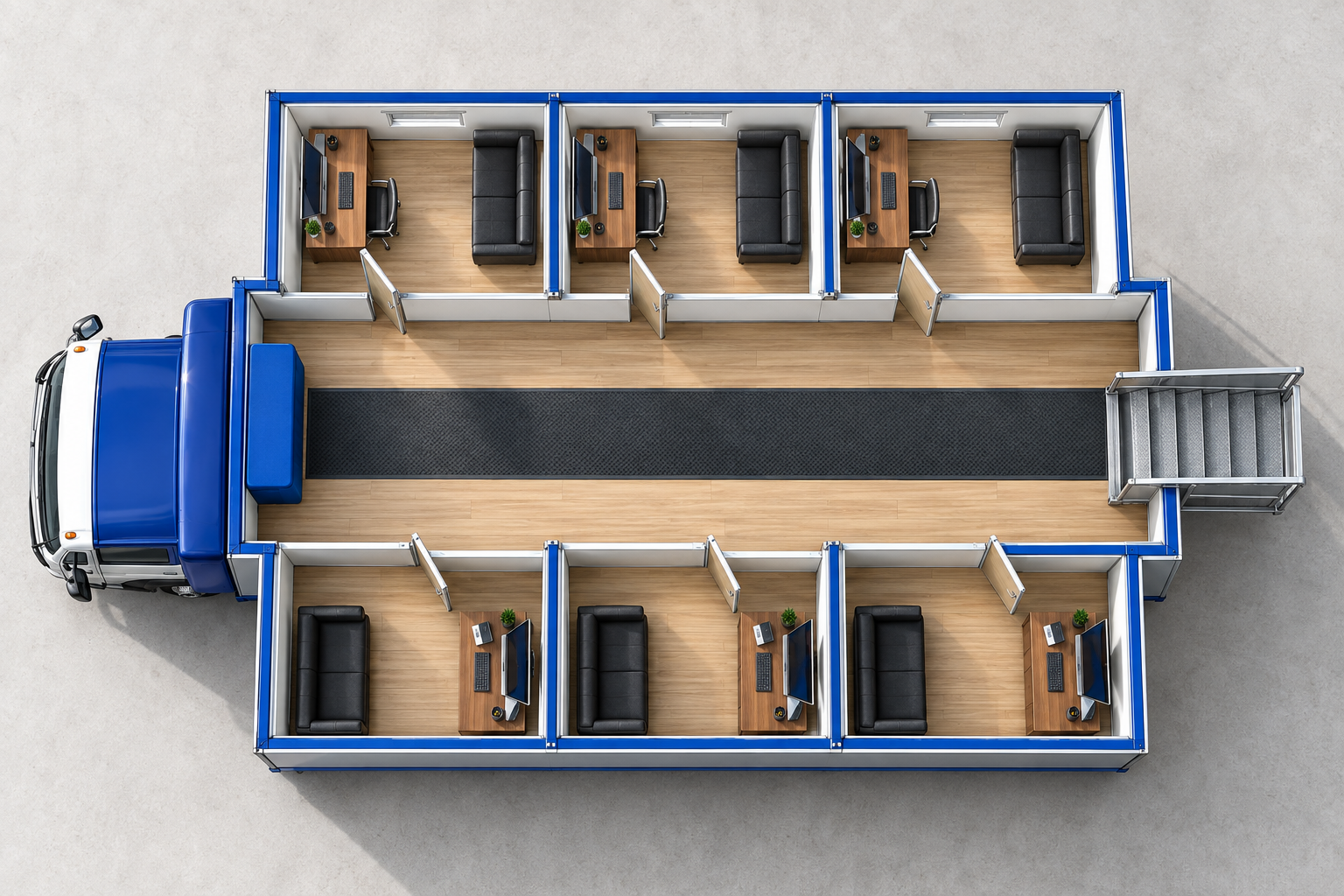 Render fotorrealista cenital de seis oficinas de atención en un furgón expandible